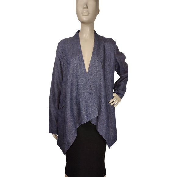 Talbots Blue 100% Linen Draped Open Front Waterfall Topper Jacket Size 10 - Picture 3 of 9